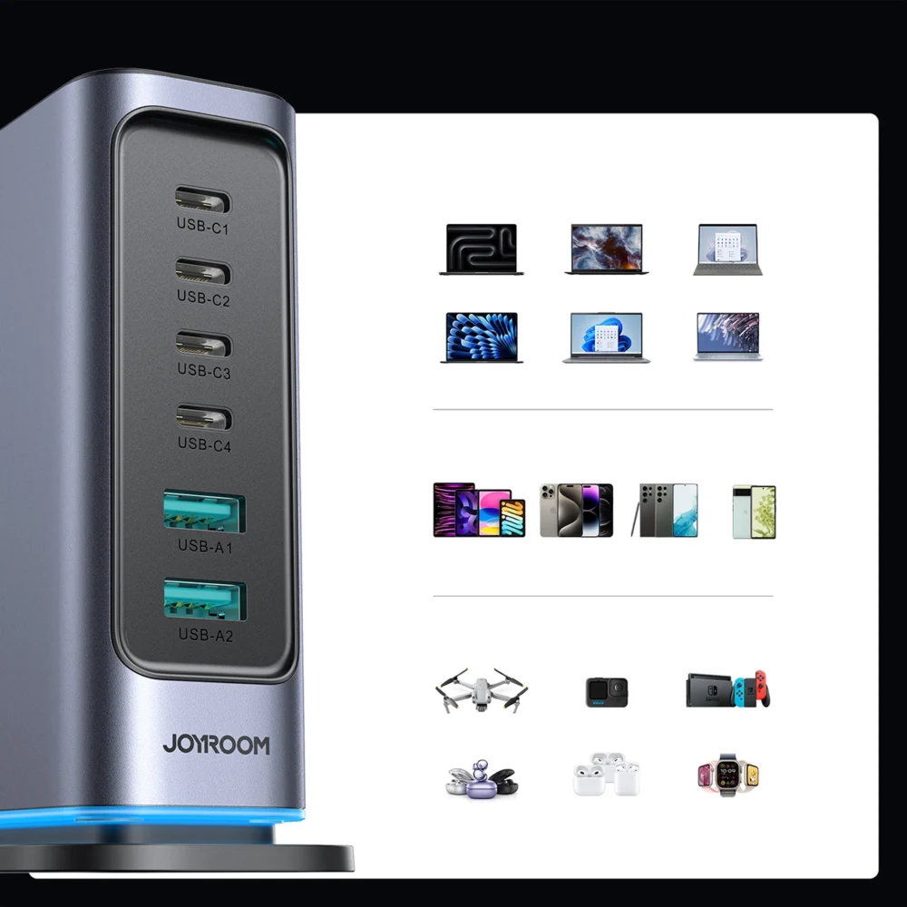 Joyroom JR-TCM02 multi-port GaN charger 65W EU 4x USB-C 2x USB-A - dark grayeng