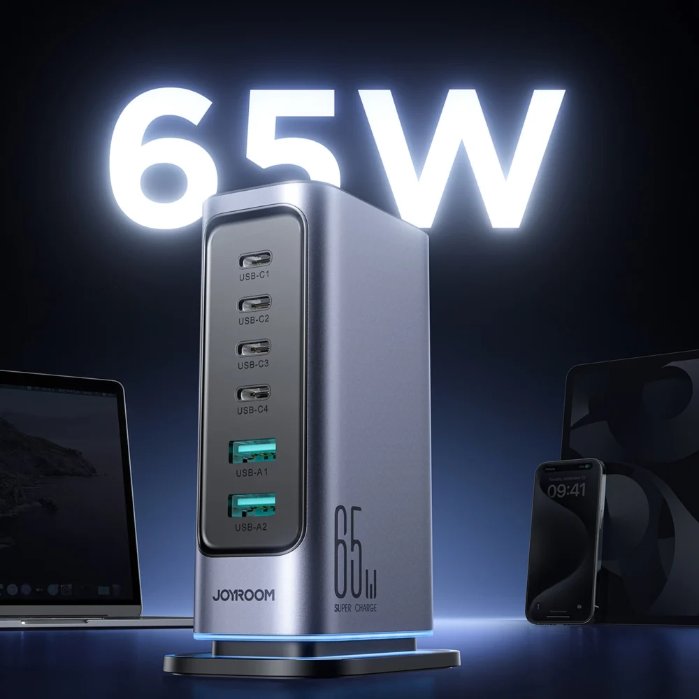 Joyroom JR-TCM02 multi-port GaN charger 65W EU 4x USB-C 2x USB-A - dark grayeng