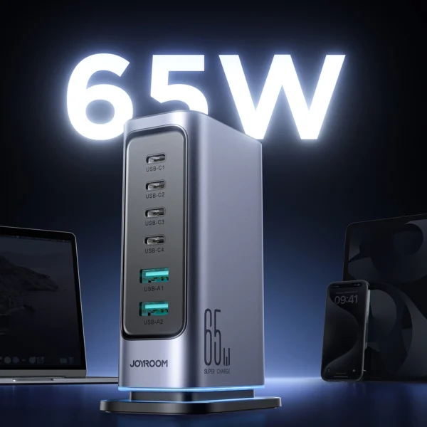 Joyroom JR-TCM02 multi-port GaN charger 65W EU 4x USB-C 2x USB-A - dark grayeng
