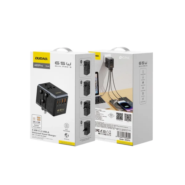 Dudao A65Pro 65W EU / US / JP / AUS / UK travel adapter 2x USB-C 2x USB-A - blackeng