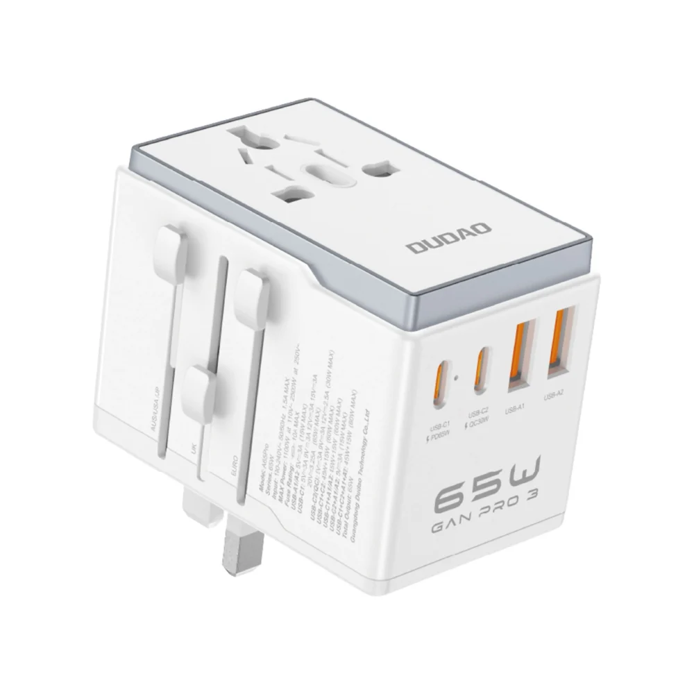 Dudao A65Pro 65W EU / US / JP / AUS / UK travel adapter 2x USB-C 2x USB-A - whiteeng