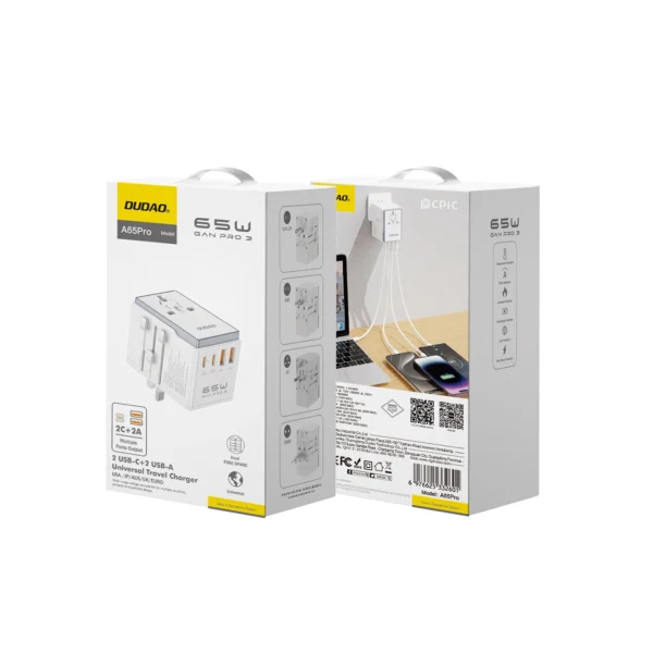 Dudao A65Pro 65W EU / US / JP / AUS / UK travel adapter 2x USB-C 2x USB-A - whiteeng
