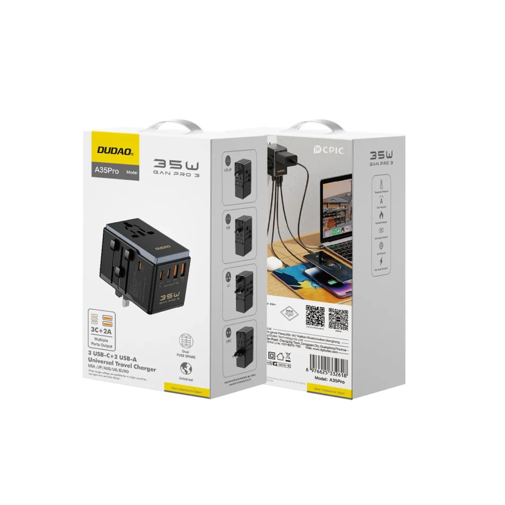 Dudao A35Pro 35W EU / UK / AUS / US / JP travel adapter 3x USB-C 2x USB-A - blackeng