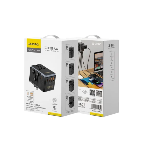 Dudao A35Pro 35W EU / UK / AUS / US / JP travel adapter 3x USB-C 2x USB-A - blackeng