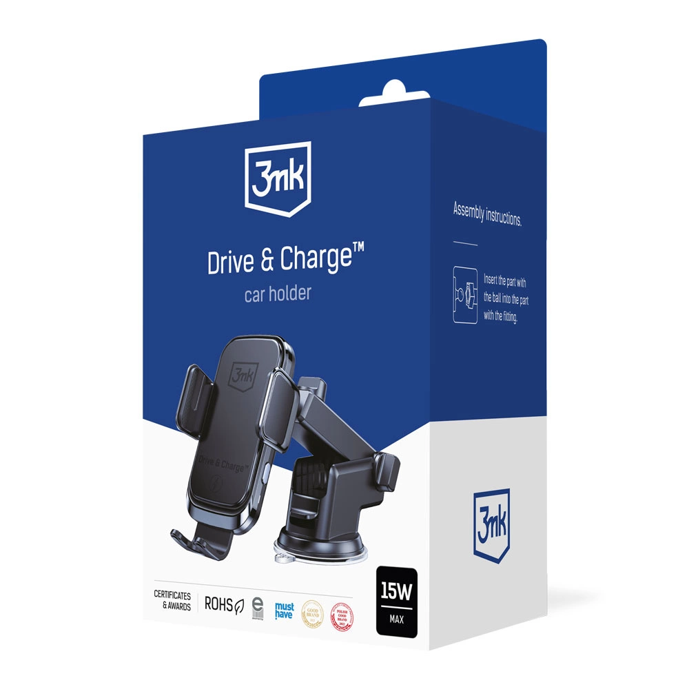 3mk Drive & Charge car phone holder for grille/window/cockpit with inductive charger - blackeng
