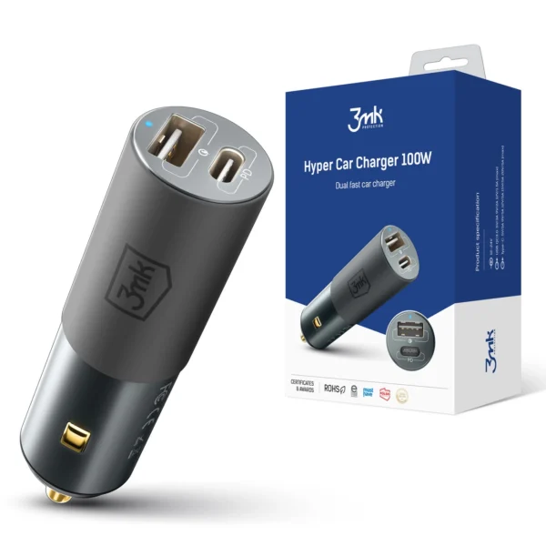 3mk Hyper Car Charger USB-C USB-A 100W - silvereng