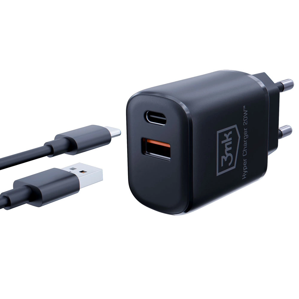 3mk Hyper Charger 20W USB-C USB-A wall charger - blackeng