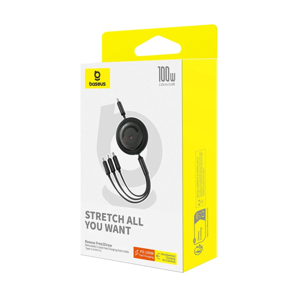 Baseus Free2Draw CB000084 retractable USB-C - Lightning / USB-C / micro USB cable 100W 1.1m - blackeng