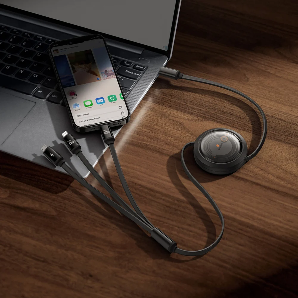 Baseus Free2Draw CB000084 retractable USB-C - Lightning / USB-C / micro USB cable 100W 1.1m - blackeng
