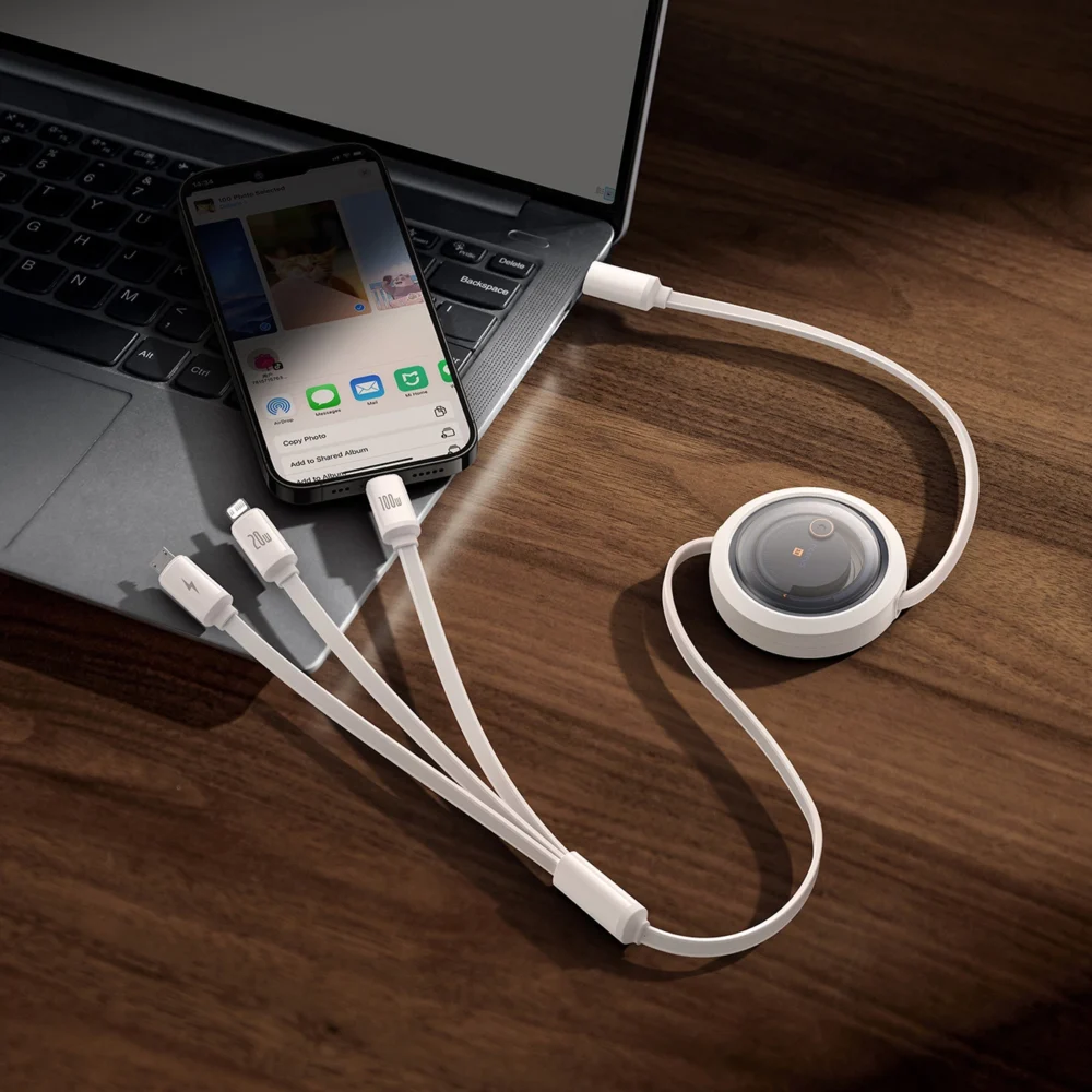 Baseus Free2Draw CB000084 retractable USB-C - Lightning / USB-C / micro USB cable 100W 1.1m - whiteeng