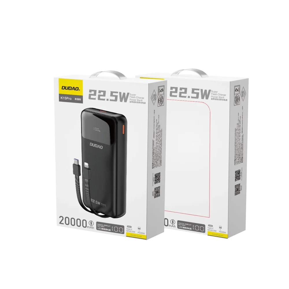 Dudao K15Pro Power Bank 20000mAh 22.5W PD USB-C / USB-A / Built-in Lightning and USB-C Cables - Blackeng