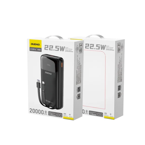Dudao K15Pro Power Bank 20000mAh 22.5W PD USB-C / USB-A / Built-in Lightning and USB-C Cables - Blackeng