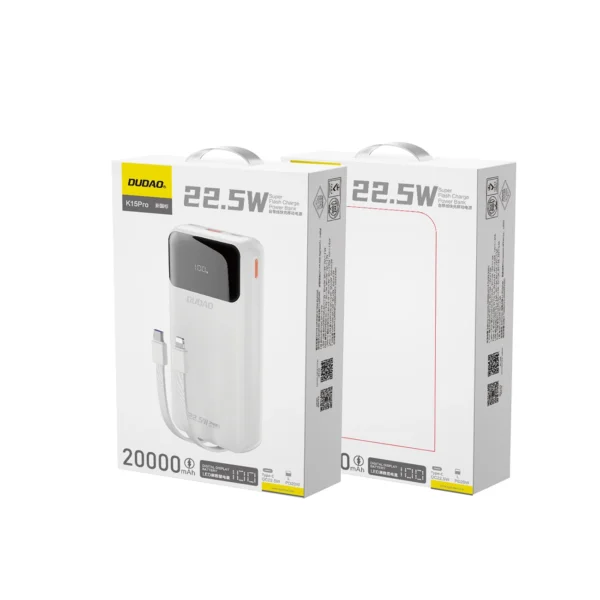 Dudao K15Pro Power Bank 20000mAh 22.5W PD USB-C / USB-A / Built-in Lightning and USB-C Cables - Whiteeng