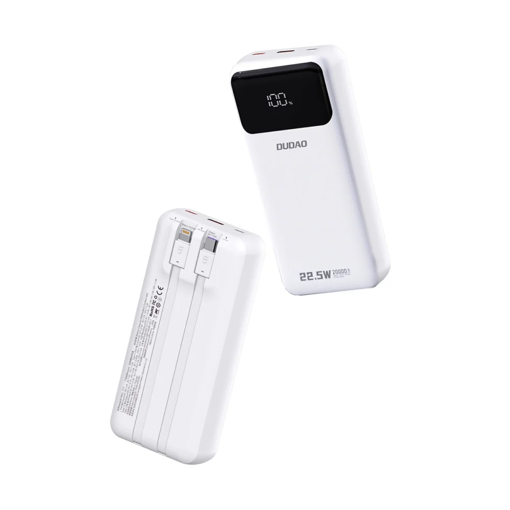 Dudao K15Pro Power Bank 20000mAh 22.5W PD USB-C / USB-A / Built-in Lightning and USB-C Cables - Whiteeng