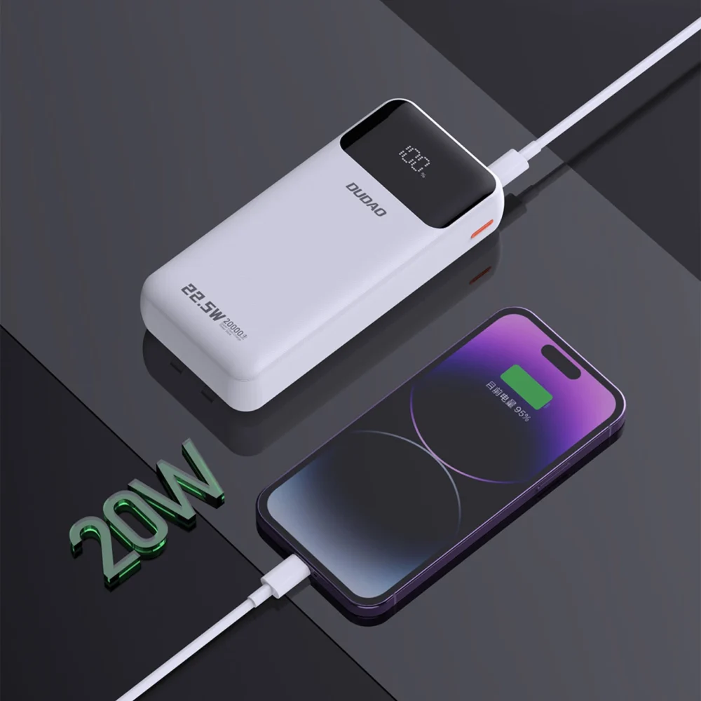 Dudao K15Pro Power Bank 20000mAh 22.5W PD USB-C / USB-A / Built-in Lightning and USB-C Cables - Whiteeng