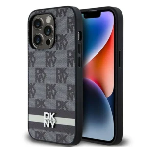 DKNY Leather Checkered Mono Pattern & Printed Stripes iPhone 14 Pro Case - Blackeng