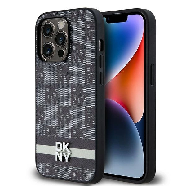 DKNY Leather Checkered Mono Pattern & Printed Stripes iPhone 14 Pro Case - Blackeng