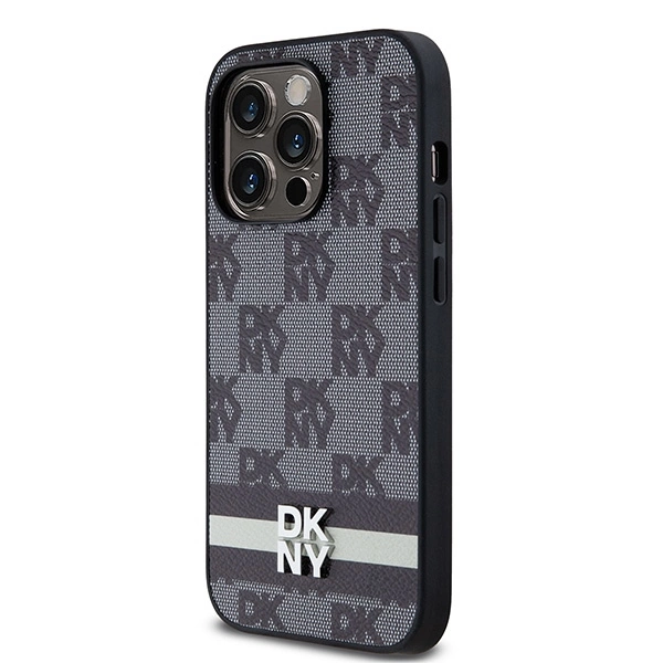 DKNY Leather Checkered Mono Pattern & Printed Stripes iPhone 14 Pro Case - Blackeng