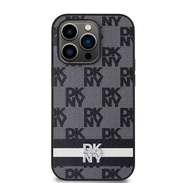 DKNY Leather Checkered Mono Pattern & Printed Stripes iPhone 14 Pro Case - Blackeng