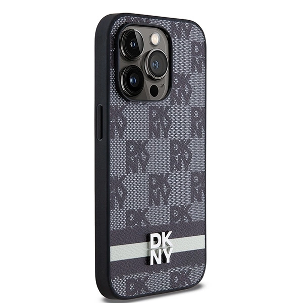 DKNY Leather Checkered Mono Pattern & Printed Stripes iPhone 14 Pro Case - Blackeng