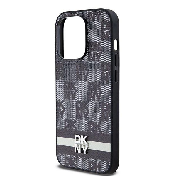 DKNY Leather Checkered Mono Pattern & Printed Stripes iPhone 14 Pro Case - Blackeng