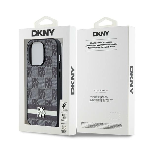 DKNY Leather Checkered Mono Pattern & Printed Stripes iPhone 14 Pro Case - Blackeng