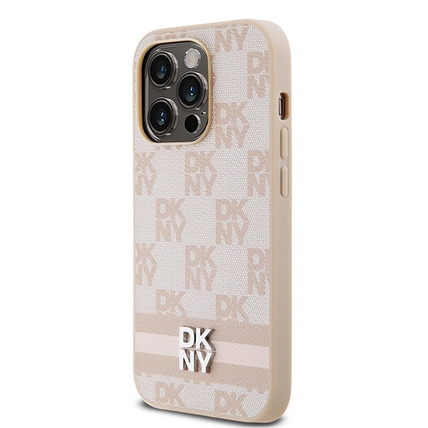DKNY Leather Checkered Mono Pattern & Printed Stripes case for iPhone 14 Pro - pinkeng