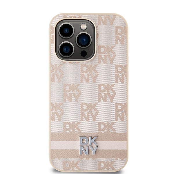DKNY Leather Checkered Mono Pattern & Printed Stripes case for iPhone 14 Pro - pinkeng