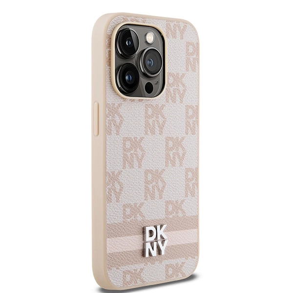 DKNY Leather Checkered Mono Pattern & Printed Stripes case for iPhone 14 Pro - pinkeng