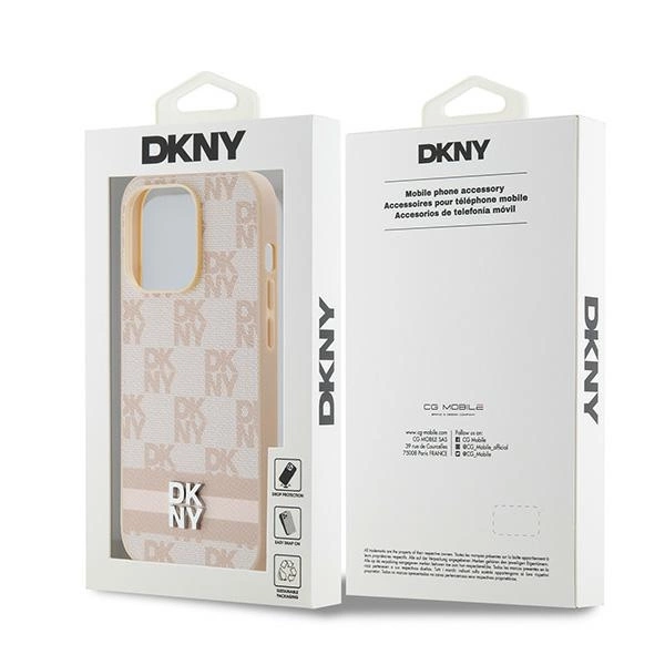 DKNY Leather Checkered Mono Pattern & Printed Stripes case for iPhone 14 Pro - pinkeng