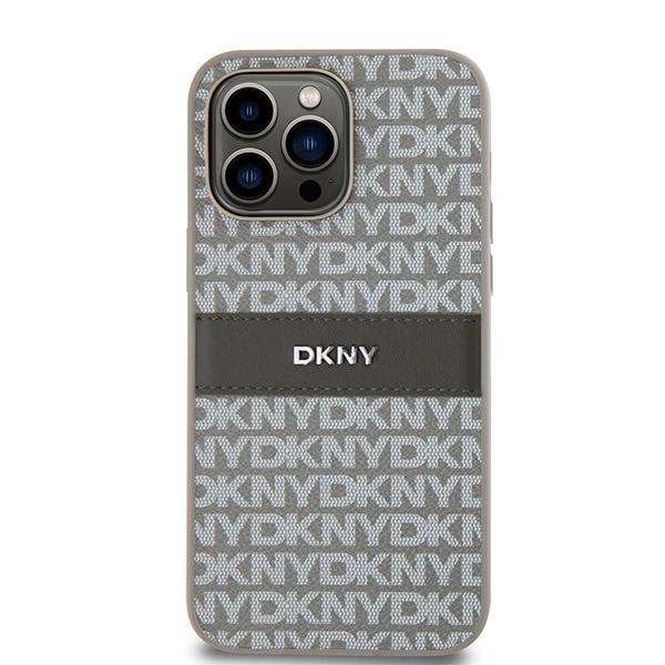DKNY Leather Mono Stripe & Metal Logo case for iPhone 14 Pro - beigeeng