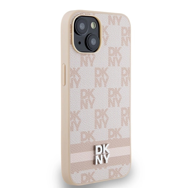 DKNY Leather Checkered Mono Pattern & Printed Stripes case for iPhone 15 / 14 / 13 - pinkeng