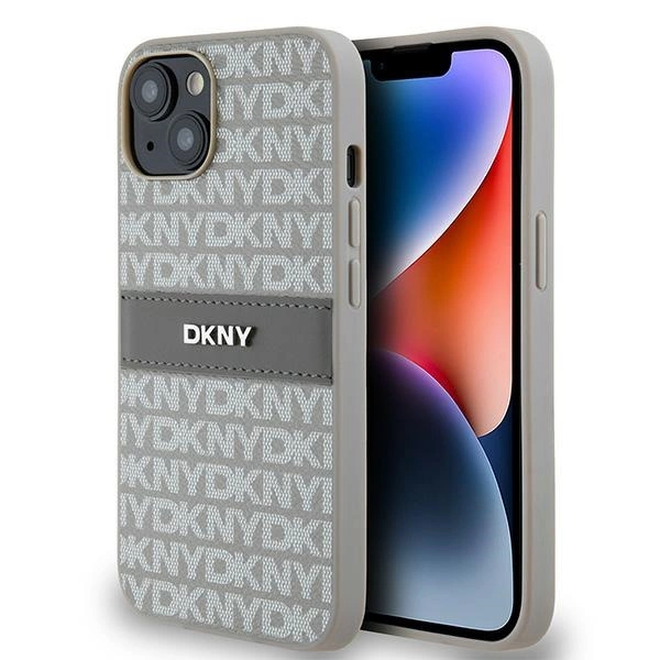 DKNY Leather Mono Stripe & Metal Logo case for iPhone 15 / 14 / 13 - beigeeng