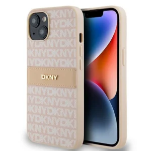 DKNY Leather Mono Stripe & Metal Logo case for iPhone 15 / 14 / 13 - pinkeng
