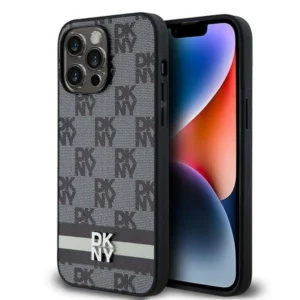 DKNY Leather Checkered Mono Pattern & Printed Stripes Case for iPhone 14 Pro Max - Blackeng