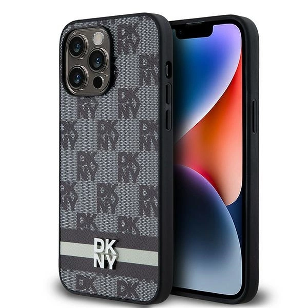 DKNY Leather Checkered Mono Pattern & Printed Stripes Case for iPhone 14 Pro Max - Blackeng