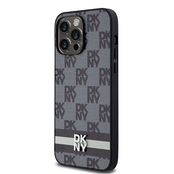 DKNY Leather Checkered Mono Pattern & Printed Stripes Case for iPhone 14 Pro Max - Blackeng
