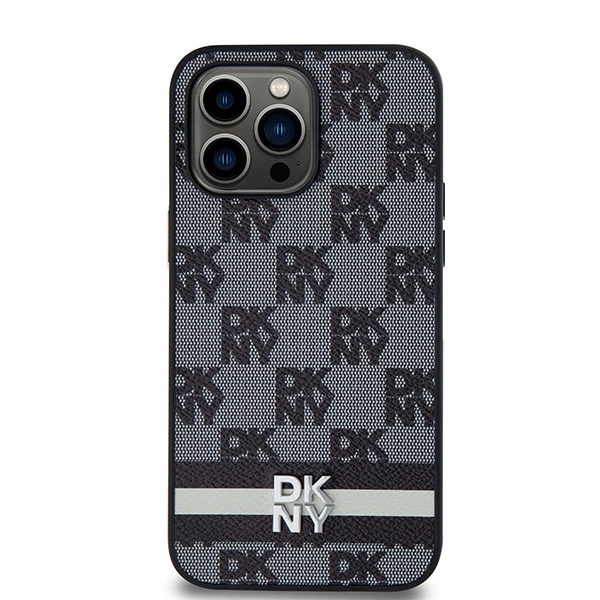 DKNY Leather Checkered Mono Pattern & Printed Stripes Case for iPhone 14 Pro Max - Blackeng