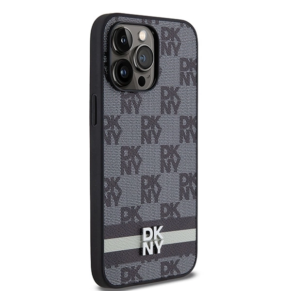 DKNY Leather Checkered Mono Pattern & Printed Stripes Case for iPhone 14 Pro Max - Blackeng