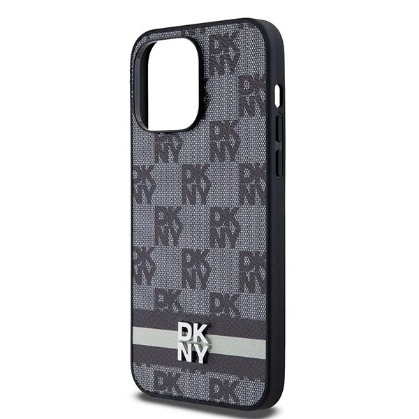 DKNY Leather Checkered Mono Pattern & Printed Stripes Case for iPhone 14 Pro Max - Blackeng