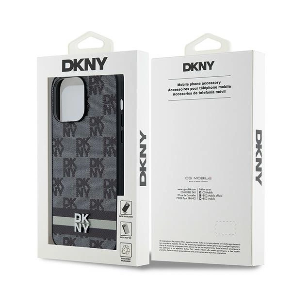 DKNY Leather Checkered Mono Pattern & Printed Stripes Case for iPhone 14 Pro Max - Blackeng