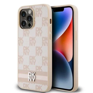DKNY Leather Checkered Mono Pattern & Printed Stripes case for iPhone 14 Pro Max - pinkeng
