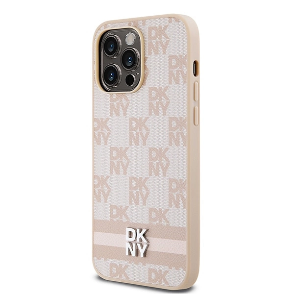 DKNY Leather Checkered Mono Pattern & Printed Stripes case for iPhone 14 Pro Max - pinkeng