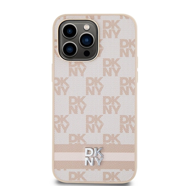 DKNY Leather Checkered Mono Pattern & Printed Stripes case for iPhone 14 Pro Max - pinkeng