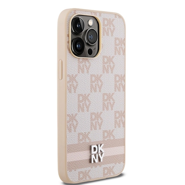 DKNY Leather Checkered Mono Pattern & Printed Stripes case for iPhone 14 Pro Max - pinkeng