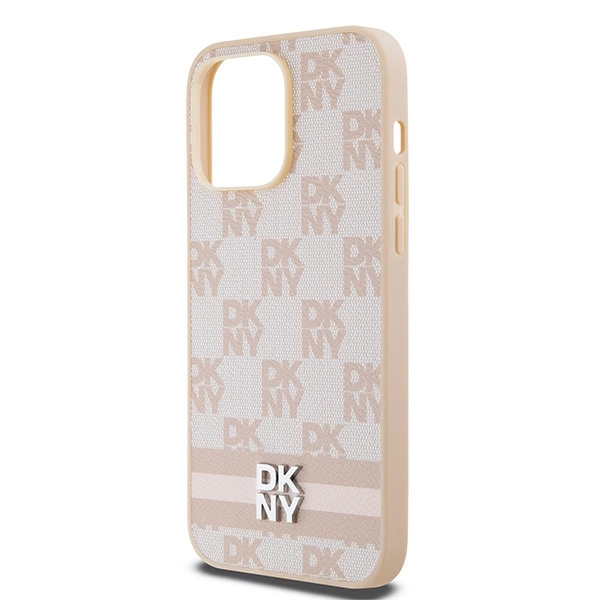DKNY Leather Checkered Mono Pattern & Printed Stripes case for iPhone 14 Pro Max - pinkeng