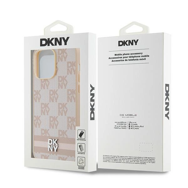 DKNY Leather Checkered Mono Pattern & Printed Stripes case for iPhone 14 Pro Max - pinkeng