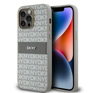 DKNY Leather Mono Stripe & Metal Logo case for iPhone 14 Pro Max - beigeeng