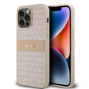 DKNY Leather Mono Stripe & Metal Logo case for iPhone 14 Pro Max - pinkeng