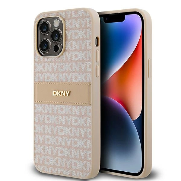 DKNY Leather Mono Stripe & Metal Logo case for iPhone 14 Pro Max - pinkeng